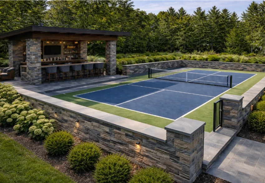 Blue pickleball court beside a stone outdoor kitchen and landscaped terrace