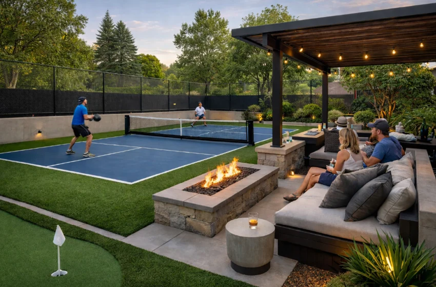 Backyard pickleball game beside a covered lounge and outdoor fire feature